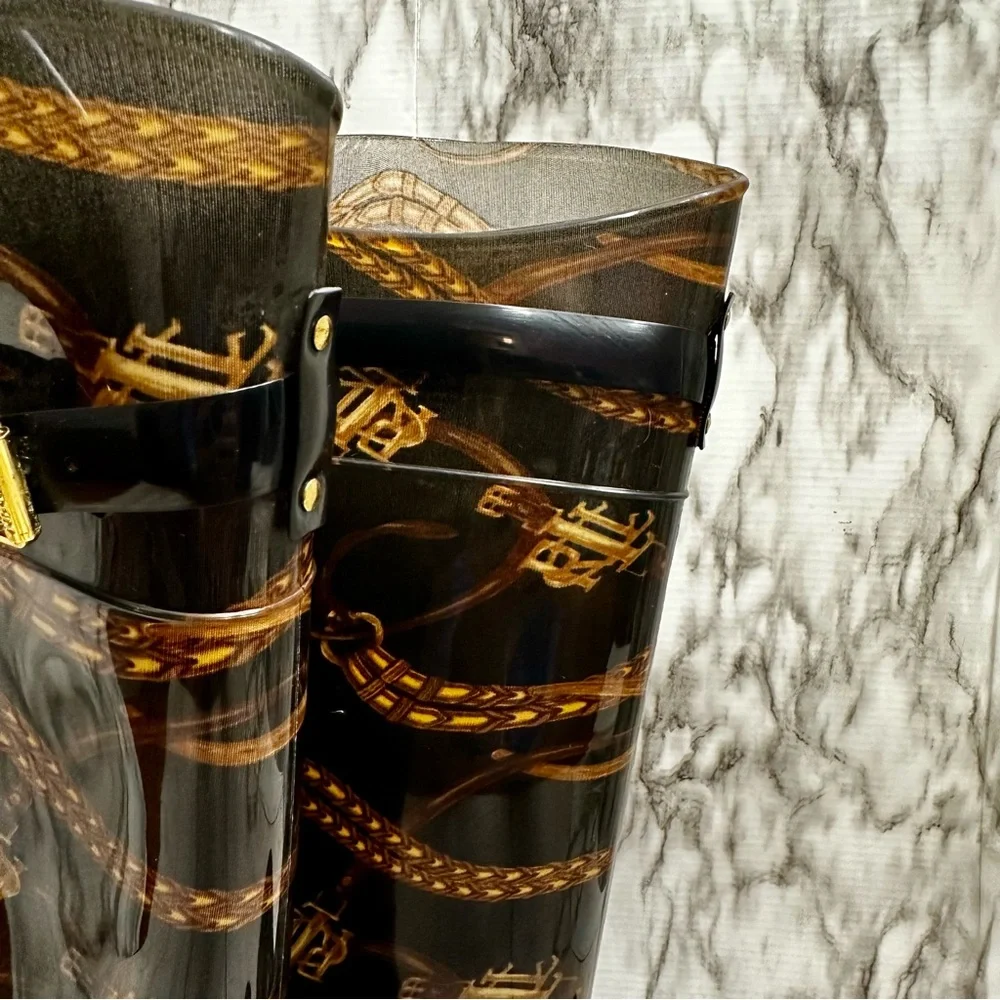 Ralph Lauren Black Gold Chain Horse Tack Pattern Rubber Rain Boots Farmcore